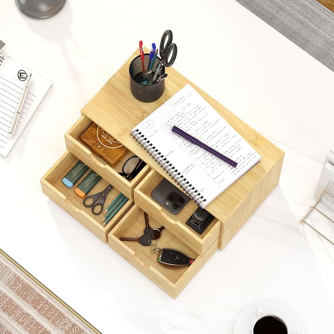 Bamboo Desk Organizer with Drawers, Desktop Storage Box for Office Supplies | 4 Drawers Desktop organizer, No Assembly Required, Natural Wood Wooden Desktop Drawers for Bills, Cosmetics, Seals, Paper - Image 2