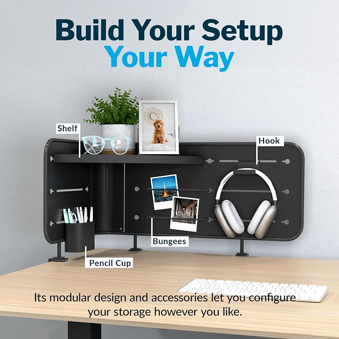 Vari Corner Accessory Panel – Modular Desk Organizer with Adjustable Shelf, Hooks, Bungees & Pencil Cup – Clamp-On Mount, No Drill – Vertical Storage for Sit-Stand Desks (Slate) - Image 4