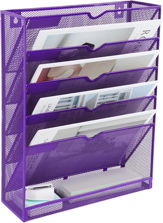 6 Tier Mesh Hanging Wall File Organizer, Desk Vertical Mail Paper Document Folder Holder Rack with Bottom Tray and Nametag Label for Office Home School, Purple - Image 7