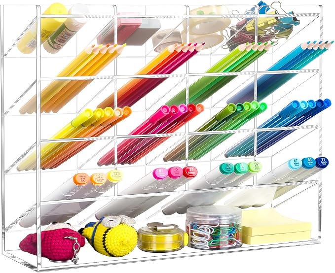 BEYGORM Acrylic Vertical Marker Organizer for 200 Markers, Desk Orgaizer | 17 Compartments Clear Angled Pen & Pencil Holder, Large Stationery & Art Supply Storage for School (13 x 10.2 x 4 Inch) by BEYGORM