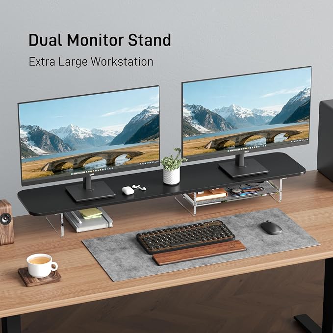 AFOOYO Large Dual Monitor Stand For Desk,43 Inch Desktop Computer Riser with Felt Drawer Acrylic Legs Desk Shelf Organizer For Computer/Laptop/PC/Printer/TV - Image 2