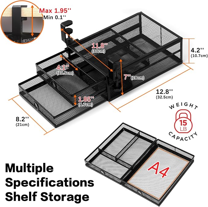 ROSYLINE Under Desk & Desktop Drawer Organizer, 2-Tier Big Capacity | Steel Construction, Clip-On No Drill Installation, Fits A4 Paper, for Office & Household Supplies - Image 6