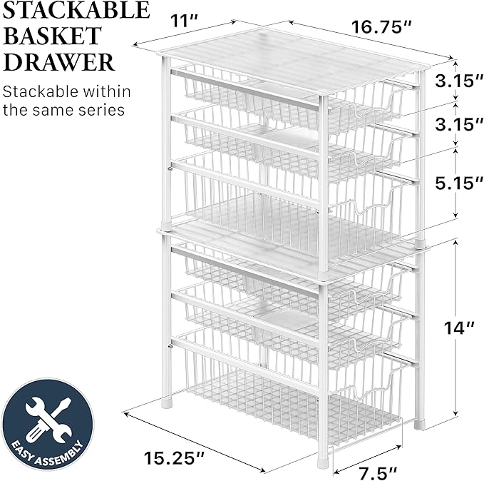 Simple Houseware Stackable 3 Tier Sliding Basket Organizer Drawer, White - Image 2