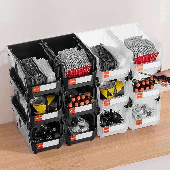 VEVOR Plastic Stackable Storage Bins, 14.8 x 8.5 x 7.1 inch (12 Pack), Plastic Containers for Organizing & Storage Bins for Garage, Small Parts, Office Supplies, Other Accessories, Black & Transparent - Image 8