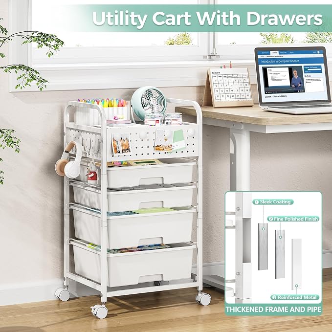 SYKIARIOL 4 Drawer Rolling Storage Cart with Pegboard Top and Hooks, White | Mobile Organizer Cart with Wheels for Office Supplies, Craft Storage, Classroom Organization, Home Utility Cart - Image 6