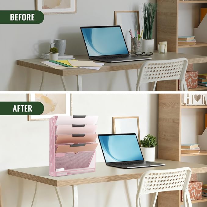 6 Tier Mesh Hanging Wall File Organizer, Desk Vertical Mail Paper Document Folder Holder Rack with Bottom Tray and Nametag Label for Office Home School, Pink - Image 5
