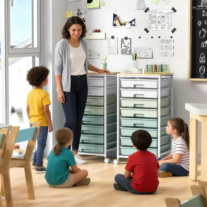 SYKIARIOL Rolling Cart with Drawers,Craft Organizers and Storage, Green | Rolling Storage Cart with 8 Drawers and Wooden Tabletop for Living Room,Office,Classroom,Craft Room,Bedroom,Dorm - Image 3