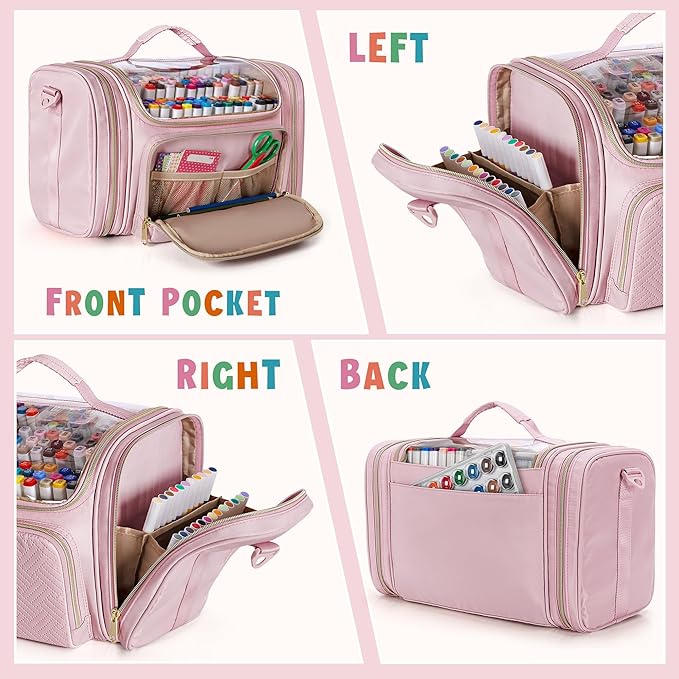 Rexmica Marker Organizer Case Storage Bag for 180-300 Markers, Pink | Detachable Divider, Shoulder Strap, Large Marker Travel Holder Case Bag for Adults for Various Markers or Art Craft Supply - Image 2