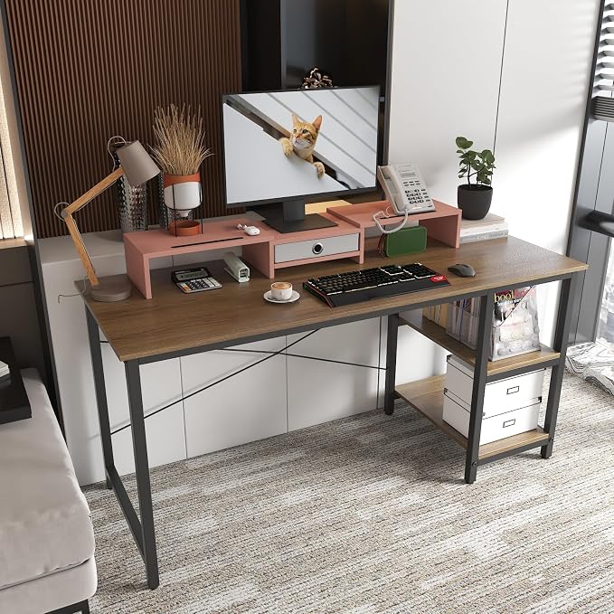 WESTREE Dual 3 Shelf Computer Riser with Drawer, Adjustable Length and Angle, Desktop 2 Monitor Stand Storage Organizer - Image 5