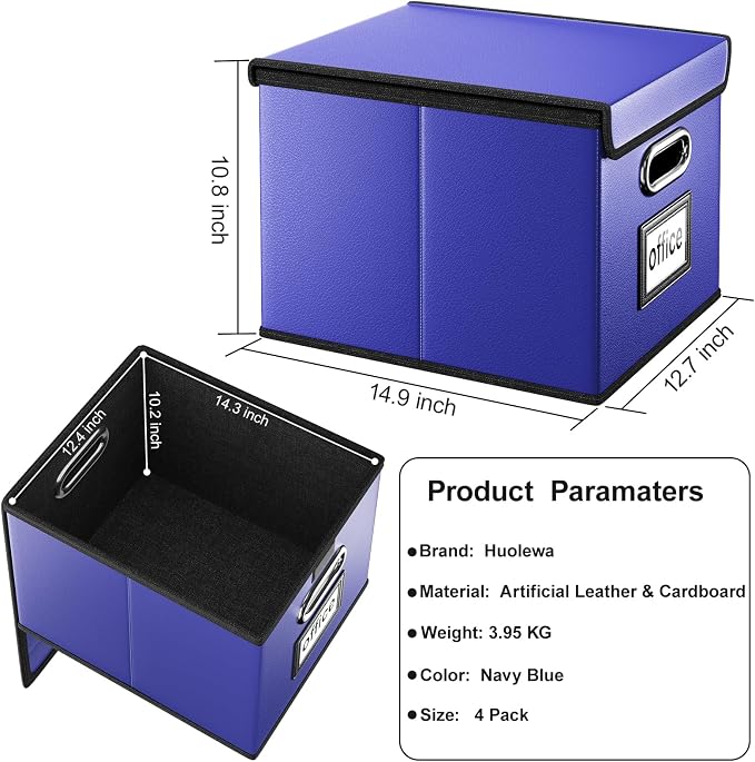 File Organizer Box with Lids, Collapsible File Folder Organizer | File Box with Plastic Slides for Document, Filing Bin for Letter Size Hanging File Folders (4 Pack, Navy Blue, Leather) - Image 6