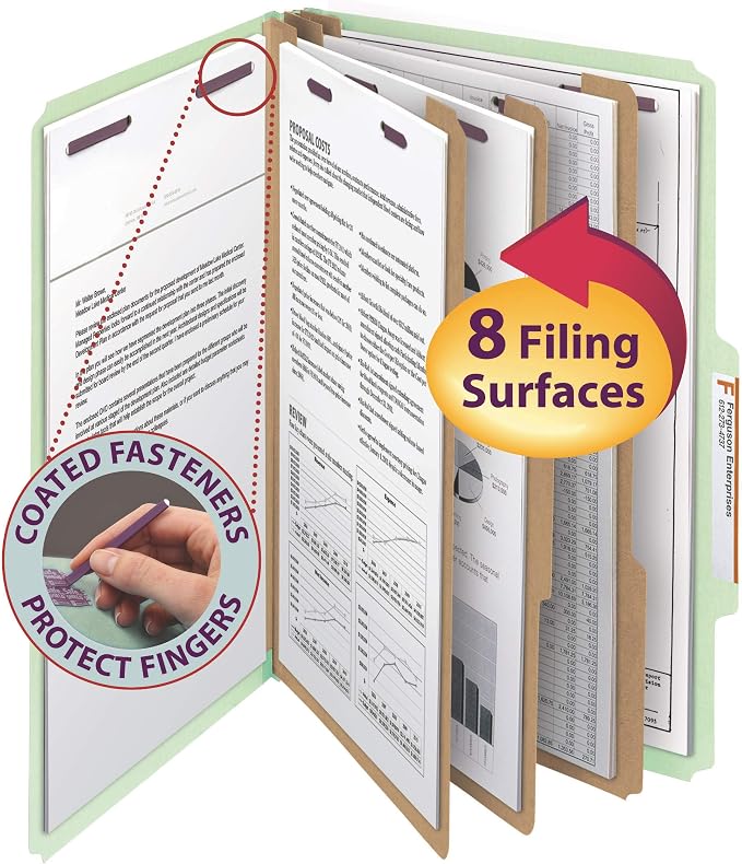 Smead Pressboard Classification File Folder with SafeSHIELD Fasteners, 3 Dividers, 3" Expansion, Legal Size, Gray/Green, 10 per Box (19091) (Pack of 1) - Image 2