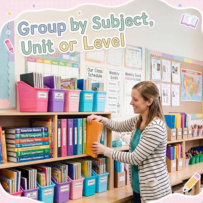 Blosssound 6 Set Book Bins for Classroom with Label Sticker Book Box Baskets Plastic Stackable Organizing Bins Storage & Organization for Classroom Library Home School Supplies (Purple Pastel) - Image 6