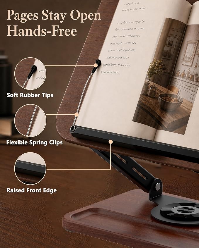 Adjustable Book Stand, Book Holders for Reading Hands Free | Ergonomic Stand for Cookbooks, Bibles, Laptops & Tablets with Page Clips and 360° Rotation - Image 4