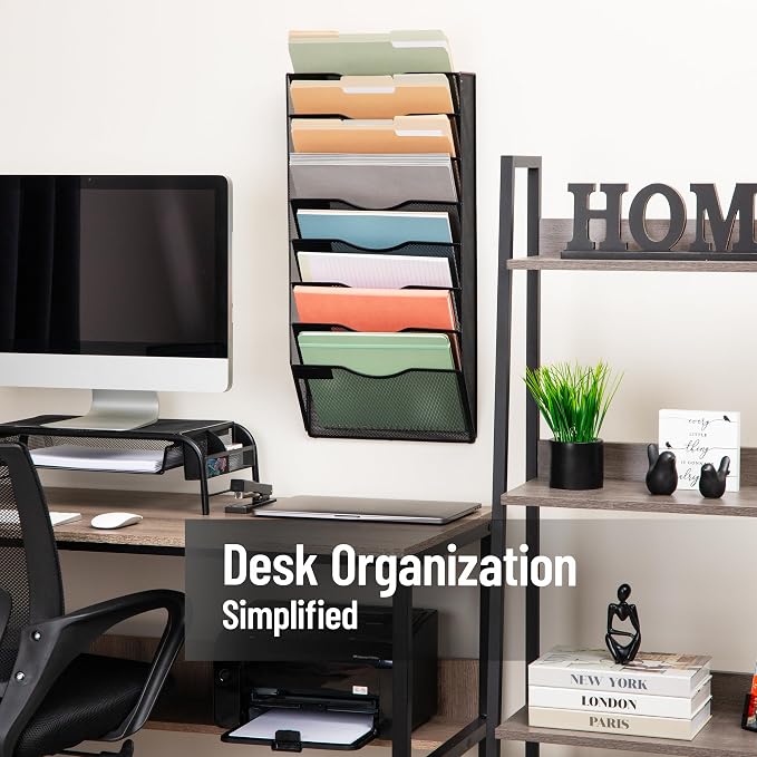 Mind Reader Wall File Organizer, 8 Pocket Hanging Document Rack, Office Wall Mount, Metal Mesh, Black - Image 2