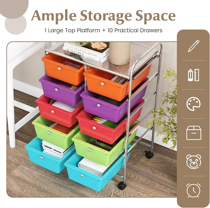 COSTWAY 10 Drawer Rolling Storage Cart, Utility Cart with Lockable Wheels | Mobile Art Supply Craft Organizer with Metal Frame, Multipurpose Drawer Cart for Paper for Office, School, Multi-color - Image 4