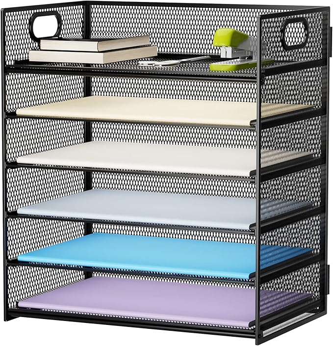 Marbrasse 6 Tier Paper Organizer Letter Tray - Mesh Desk File Organizer with Handle, Paper Sorter Organizer for Letter/A4 Office File Folder Holder - Black by Marbrasse