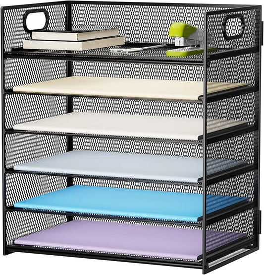 Marbrasse 6 Tier Paper Organizer Letter Tray - Mesh Desk File Organizer with Handle, Paper Sorter Organizer for Letter/A4 Office File Folder Holder - Black by Marbrasse