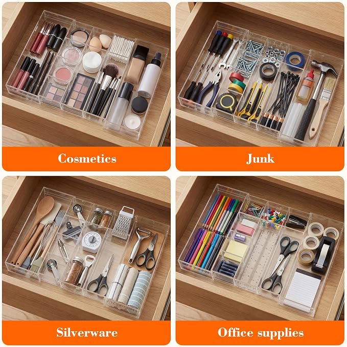 Briwooody Clear Acrylic Drawer Organizer Expandable,10 Compartments,Medium | 9'' up to 18'' x 12'' x 2.1'' Desk Drawer Organizer Trays Adjustable with Desk Accessories for Makeup Office Bathroom - Image 6