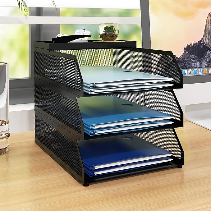 Natwind 3-Tier Stackable Metal Mesh Desk Paper Tray Organizer,Black | Letter Tray For Paper Storage,Desktop Accessories for Office Supplies,File Document Holder For Home School Classroom by Natwind