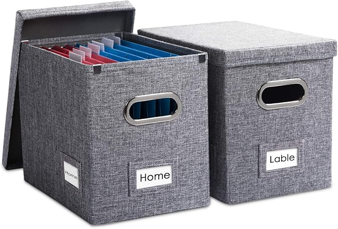 File Organizer Box - Set of 2 Collapsible Decorative Linen Filing Storage Hanging File Folders with Lids Office Cabinet Letter Size Grey (14x9.3x10.8 inch) by Prandom