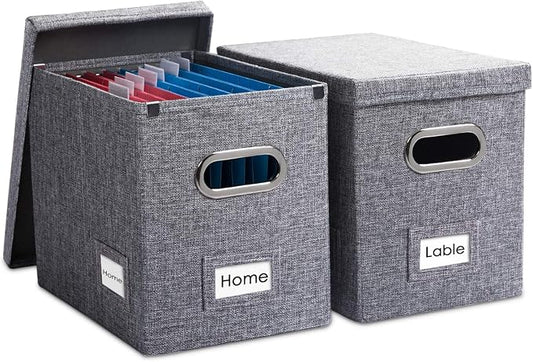 File Organizer Box - Set of 2 Collapsible Decorative Linen Filing Storage Hanging File Folders with Lids Office Cabinet Letter Size Grey (14x9.3x10.8 inch) by Prandom