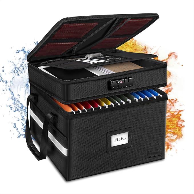 Fireproof File Oganizer with Lock, 2 Layer Fireproof Document Storage Box | Portable Office File Cabinet with 5 Tab Inserts, Collapsible File Storage for Hanging Letter, Legal Size Folder, Certificate by Laktru