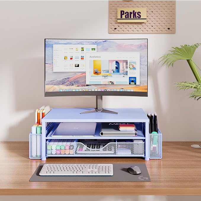 Desk Organizers and Accessories, Computer Monitor Stand Riser with Drawer and 2 Pen Holders, Printer & Laptop Stand, Office Desk Accessories & Workspace Organizers for Home Office Supplies, Blue - Image 2