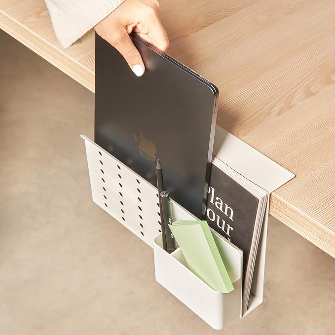 GAROOD Laptop Side Storage Vertical Stand Under Desk top Storage Clamp On Desktop Shelf Hanging Desk Organizer Computer Mount Side Table Organizer Caddy Book Caddy - One Tier White - Image 4