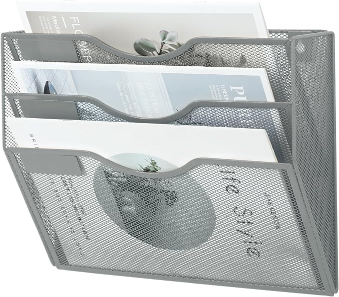 3 Pocket Mesh Hanging Wall File Organizer, Wall Mounted Mail Paper Document Folder Holder, Clipboard Storage Organization Magazine Rack with Nametag Label for Office Home School, Gray - Image 7
