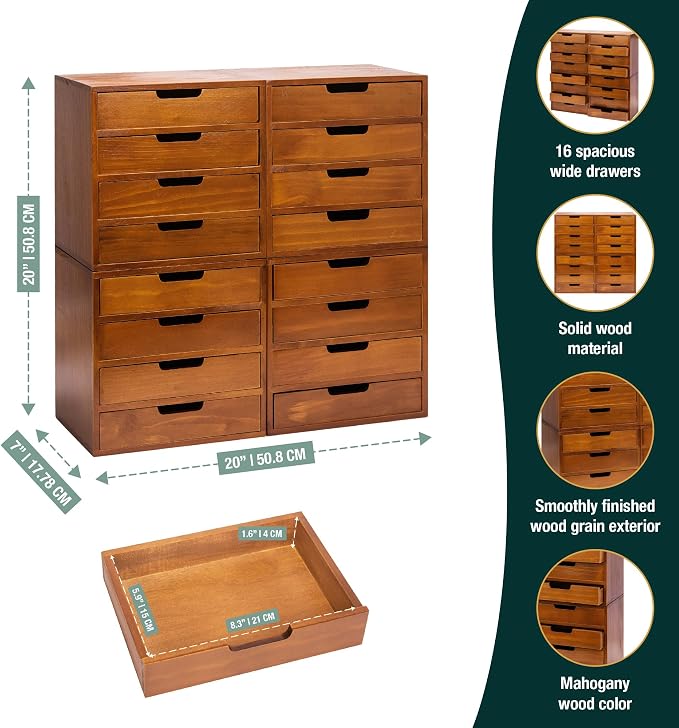 Stackable Modular 4-Pack 16 Drawer Desktop Storage Organizer in Modern Wood Design (20”x7”x 20”) Stackable Drawers For School Office - Crystals, Scrapbook Organization - Declutter Countertop - Image 2