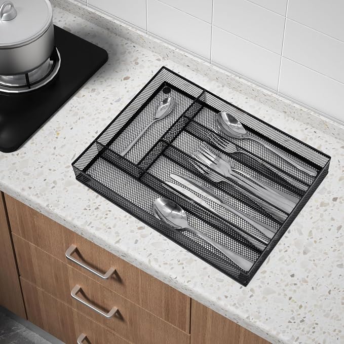 Neudeco Silverware Drawer Organizer, Black | 5 Compartment, Mesh Wire, Non-Slip Feet, Cutlery Tray - Image 8