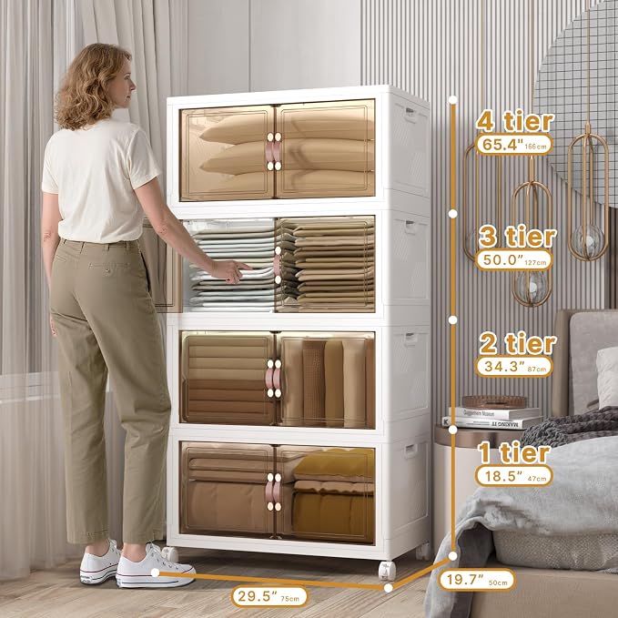 Stackable Storage Bins with Lids, 672QT Closet Organizers and Storage Cabinet with Doors & Wheels, Lockable Plastic Foldable Drawers for Bedroom Dorm Office Garage（168QT*4,White） - Image 2