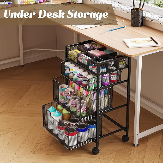 4-Tier Rolling Utility Cart with 3 Drawers, Craft Organizer and Storage with DIY Divider, Art-Craft Supplies with Caster Wheels, Multi-Functional Storage For Classroom, Office, Paints, Artifacts - Image 8