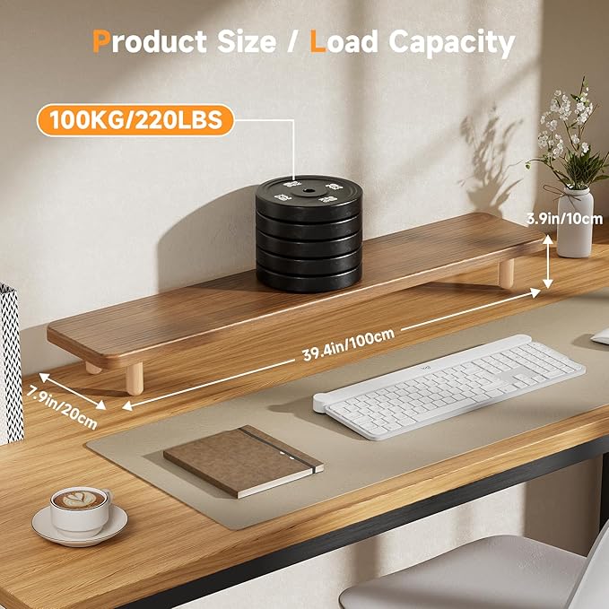 Dual Monitor Stand Riser, 39 Inch Extra Long Wooden Desktop Monitor Riser with Storage for 2 Monitors Ultra Strong Desk Shelf Organizer Riser Ergonomic for 2 Screens/Laptop/PC/TV/Printer (Walut brown, 39inches) - Image 4