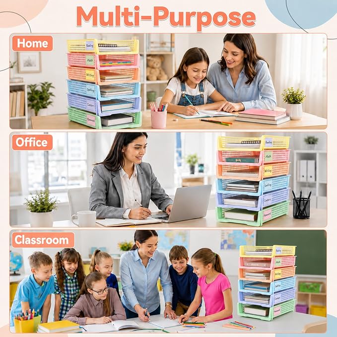 Set of 6 Pastel Turn in Trays with Label Stickers for Teachers Stackable Classroom Paper Letter Trays Plastic Classroom Desk Letter Organizer Tray Storage Baskets for Library, Drawers, Office, Home - Image 6