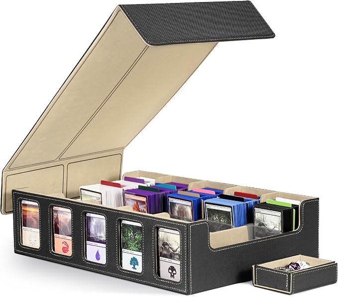 Kabinka Trading Card Storage Box with Commander Display, 5-Row 3900+ MTG Storage Box, Card Deck Box for MTG TCG Sports Card, 5 Top Loaders, 5 Stoppers, 48 Dividers,1 Dice Tray (Black Gold) by Kabinka