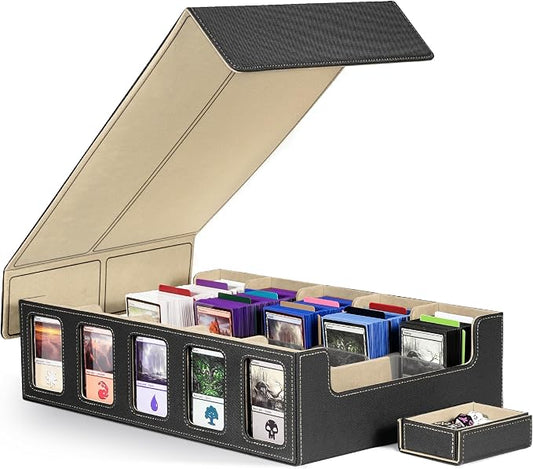 Kabinka Trading Card Storage Box with Commander Display, 5-Row 3900+ MTG Storage Box, Card Deck Box for MTG TCG Sports Card, 5 Top Loaders, 5 Stoppers, 48 Dividers,1 Dice Tray (Black Gold) by Kabinka