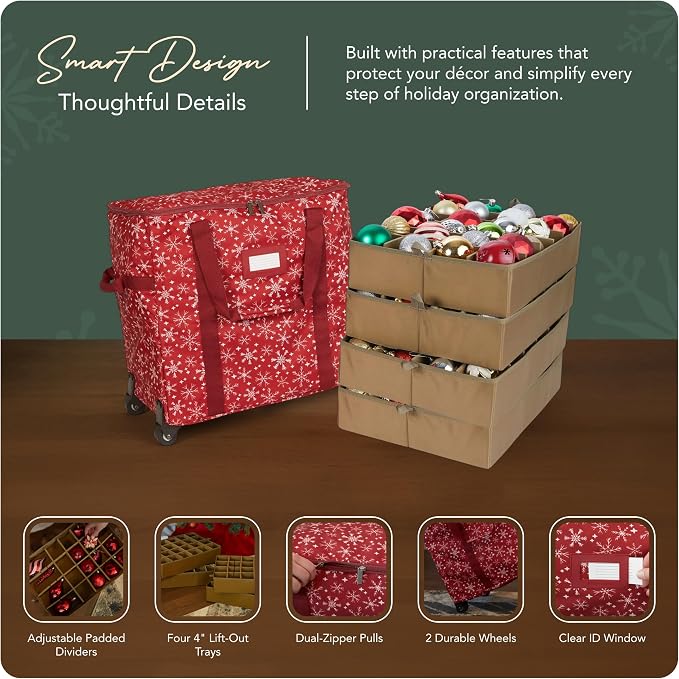 Covermates Keepsakes Rolling Adjustable Ornament Storage Bag – Heavy-Duty Polyester, FlexGrid Trays & Padded Dividers – Protective Holiday Organizer with Wheels, Handles & ID Window, Red Snowflake - Image 4