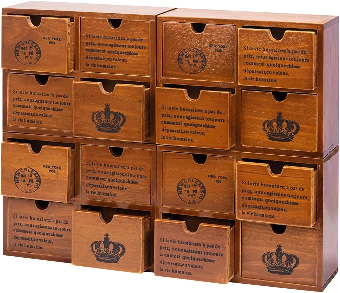 Modular Stackable Set of 4 Mahogany Brown Wood Storage Drawers for Desktop - 16-Drawer Stackable Desk Organizers - Vintage Style Office & Study Table Wooden Storage Boxes, Fully Assembled by Woodaholic