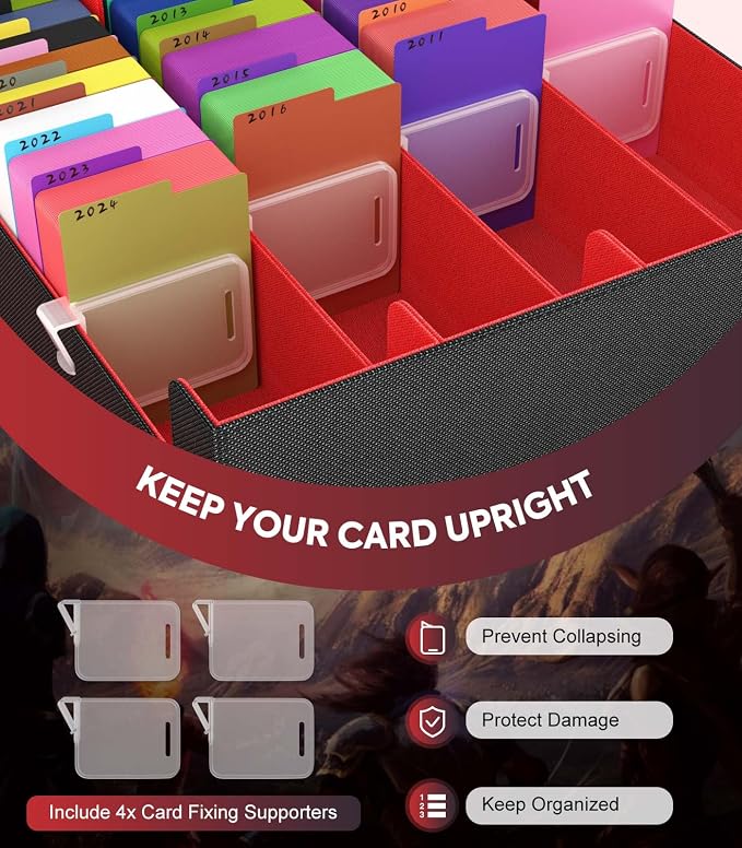 MoKo Trading Card Storage Box for MTG, 3000+ Card Organizer, Black Red | MTG Deck Box, w/ 24 Colorful Dividers & 4 Card Supporters, MTG Card Storage for Magic Game, TCG, PTG Baseball and Sport Cards - Image 4