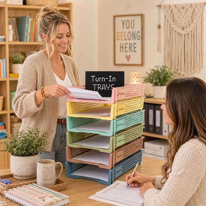 Set of 6 Boho Turn in Trays with Label Stickers for Teachers Stackable Classroom Paper Letter Trays Plastic Classroom Desk Letter Organizer Tray Storage Baskets for Library, Drawers, Office, Home - Image 7