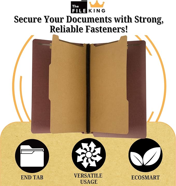 The File King Classification Folders 2 Dividers Legal Size - 10 Pack, Brick Red Pressboard | End Tab Legal File Folders with Prongs | Made in America | 2" Expansion for Shelf Filing | 6 Fasteners - Image 3