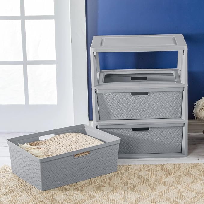 3-Drawer Storage Tower, Gray Woven Plastic Organizer with Pull Handles - Image 2