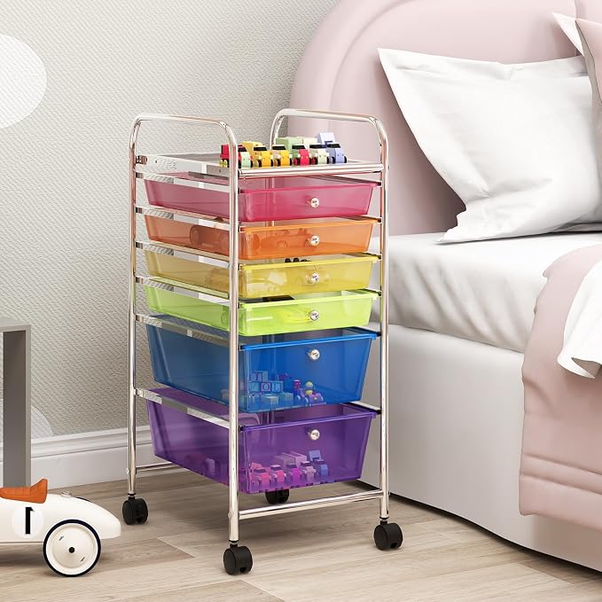 COSTWAY 6-Drawer Rolling Storage Cart, Art Craft Tools Organizer on Wheels | Multifunctional Heavy Duty Utility Mobile Storage Trolley w/ 2 Lockable Wheels for Home Office School (Rainbow) - Image 2