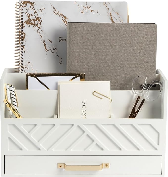 BLU MONACO | White Wooden Desk Organizer & Mail Organizer with Drawer & Gold Handle | Mail Sorter Countertop | 6 Compartments | White Desktop Organizer for Desk by Blu_Monaco