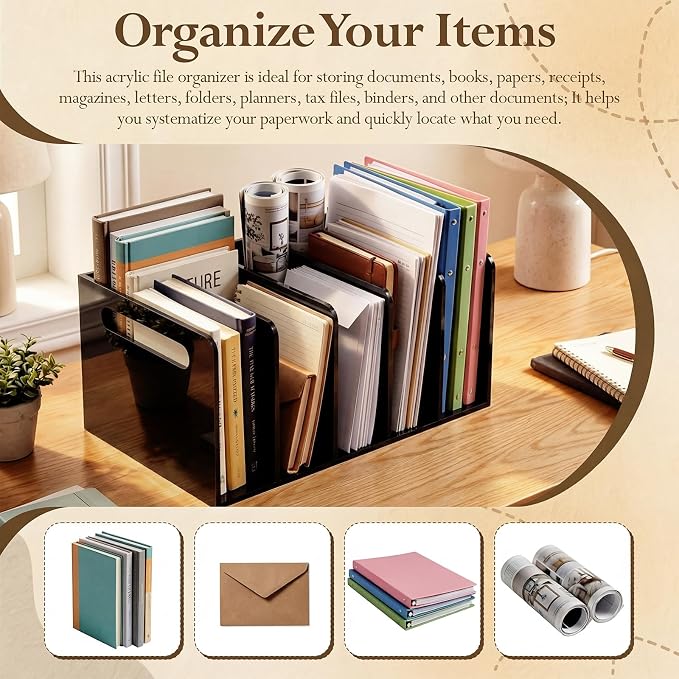 Didaey 1 Pack Acrylic Magazine File Holder, 5 Vertical Compartments Desk Sorter Organizer Magazines Documents Books Accessories Black Folder Rack Binder for Office Home(B5, 5 Sections, Black) - Image 5