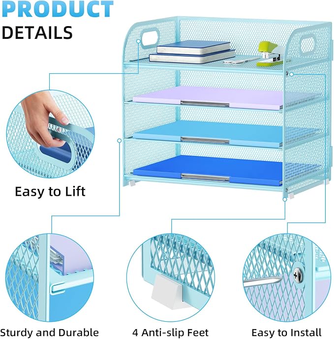 Marbrasse 4 Tier Paper Organizer Letter Tray - Mesh Desk File Organizer with Handle, Paper Sorter Organizer for Letter Office File Folder Holder (Blue, 12.6" x 9.1" x 10.7") - Image 4