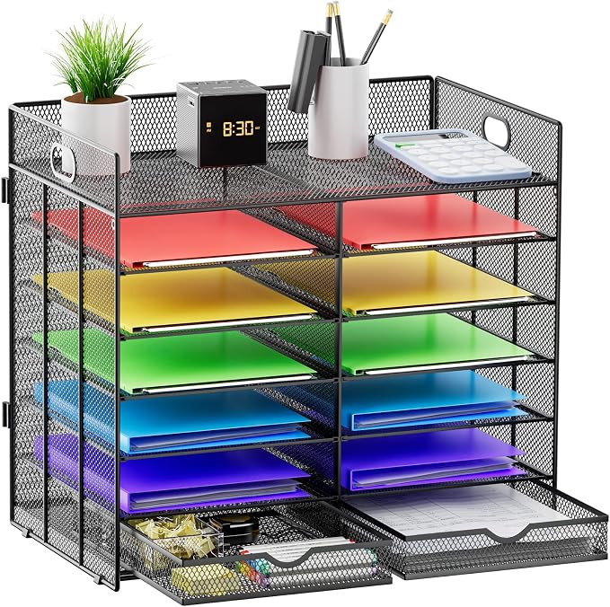 Marbrasse Literature Organizer, Paper Organizer Desk Organizers,Dark Black | 7 Tier Desktop File Sorter Mail Center Paper Storage Cabinet Classroom Keepers Mailbox for Office Home School by Marbrasse