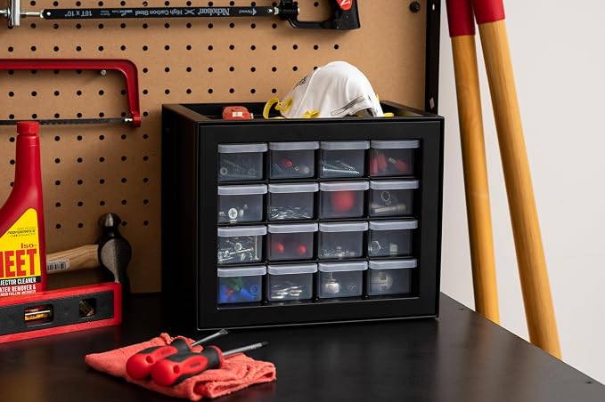 IRIS USA 16-Drawer Small Drawer Organizer, Garage Desk Storage, Black | Wall mountable, Stackable Teacher Toolbox, Beads, Building Bricks, Water Packets, Screws, Hardware - Image 2