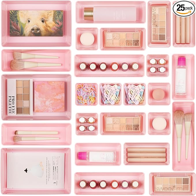 Vtopmart 25 Pack Plastic Drawer Organizers with Non-slip Rubber Pads | 4-Size Versatile Makeup Organizer, Storage Containers Small Bins for Makeup, Jewelries, Bedroom, Kitchen Utensils and Office by Vtopmart